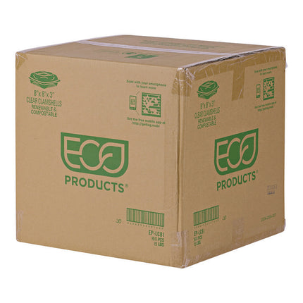 Renewable and Compostable Clear Clamshell Hinged Food Containers, 8 x 8 x 3, Plastic, 80/Pack, 2 Packs/Carton
