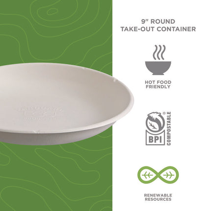 Vanguard Worldview Renewable and Compostable Sugarcane Take-Out Containers, 34.1 oz, 9 x 9 x 1.25, White, 400/Carton