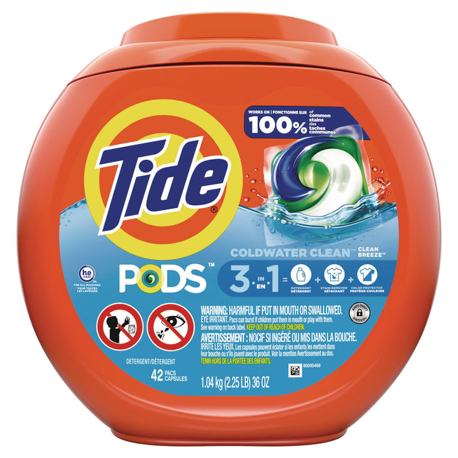 PODS Laundry Detergent, HE Compatible, Clean Breeze, 36 oz Tub, 42 Pacs/Tub, 4 Tubs/Carton