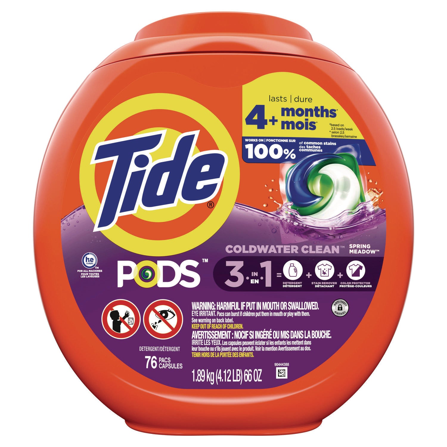 PODS Laundry Detergent, HE Compatible, Spring Meadow, 66 oz Tub, 76 Pacs/Tub, 4 Tubs/Carton