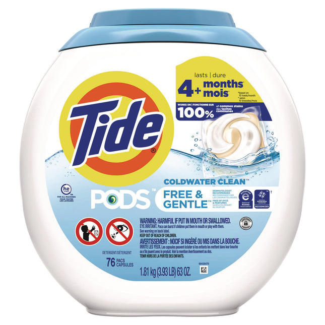 PODS Laundry Detergent, HE Compatible, Free and Gentle, 63 oz Tub, 76 Pacs/Tub