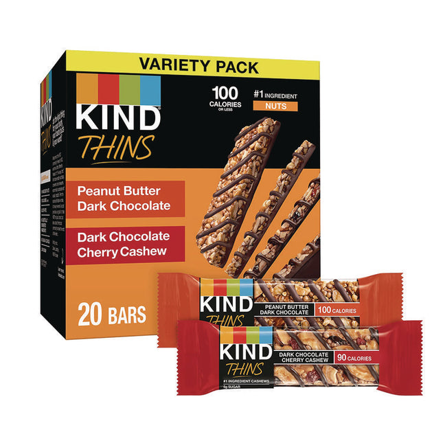 Thins Bar Variety Pack, Dark Chocolate Cherry Cashew; Peanut Butter Dark Chocolate, 0.74 oz, 20/Box