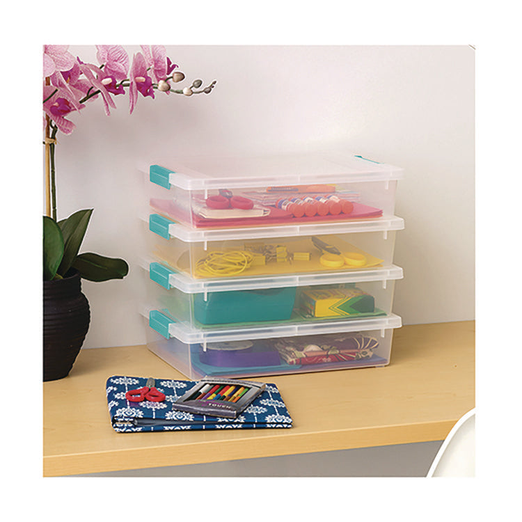 Latch Lid Storage Box, 2.3 gal, 14 x 11 x 3.5, Clear Bin/Seafoam Latches