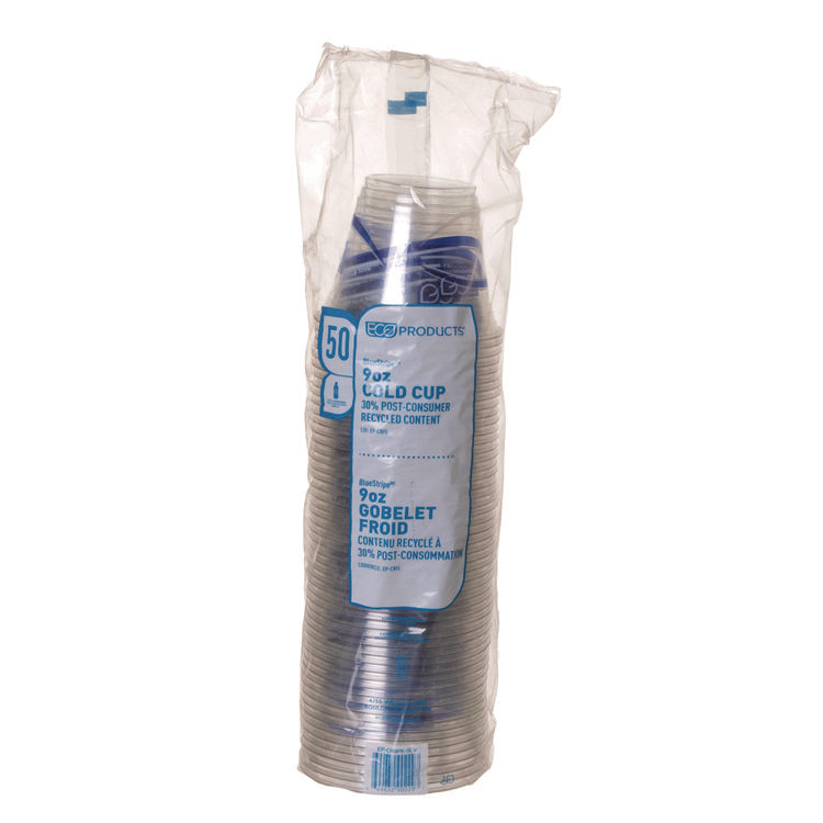 BlueStripe 25% Recycled Content Cold Cups, 9 oz, Plastic, Clear/Blue, 50/Pack, 20 Packs/Carton