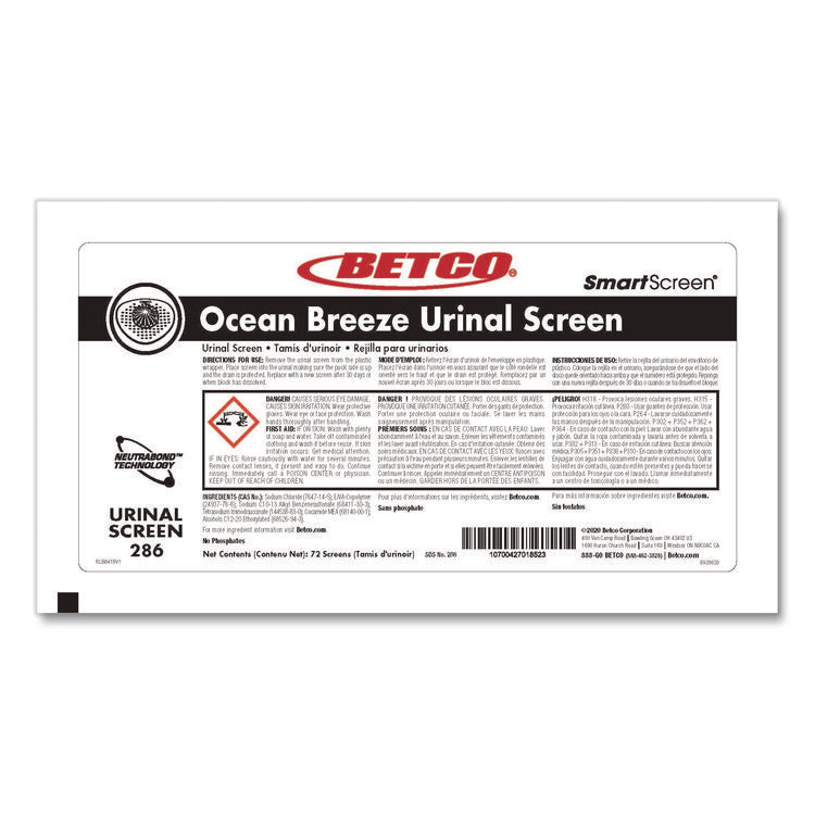 SmartSCREEN Urinal Screen, Ocean Blue Scent, Blue, 1 lb, 72/Carton