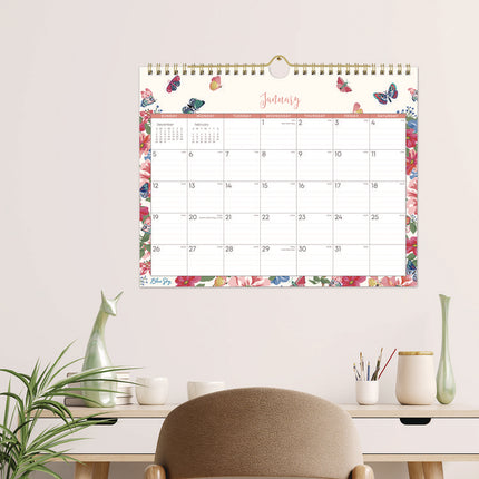 Fly By Monthly Wall Calendar, Butterflies Artwork, 11" x 8.75", Cream/Pink/Blue Sheets, 12-Month (Jan to Dec): 2025