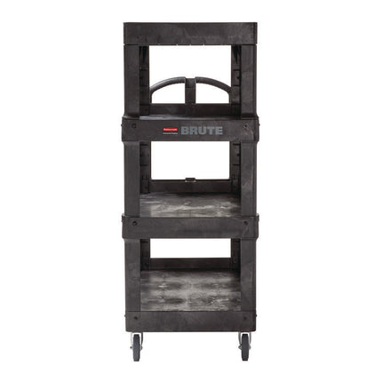 BRUTE Heavy-Duty Ergo Utility Cart, Plastic, 4 Shelves, 700 lb Capacity, 24.35" x 54.1" x 62.4", Black