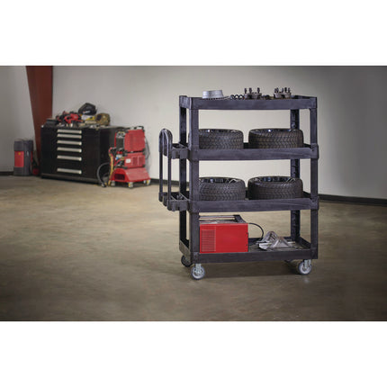 BRUTE Heavy-Duty Ergo Utility Cart, Plastic, 4 Shelves, 700 lb Capacity, 24.35" x 54.1" x 62.4", Black
