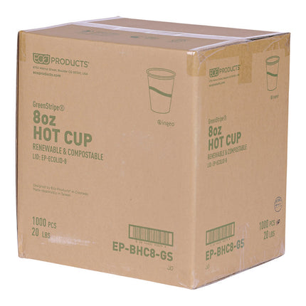 GreenStripe Renewable and Compostable Hot Cups, 8 oz, Paper, White/Green, 50/Pack, 20 Packs/Carton