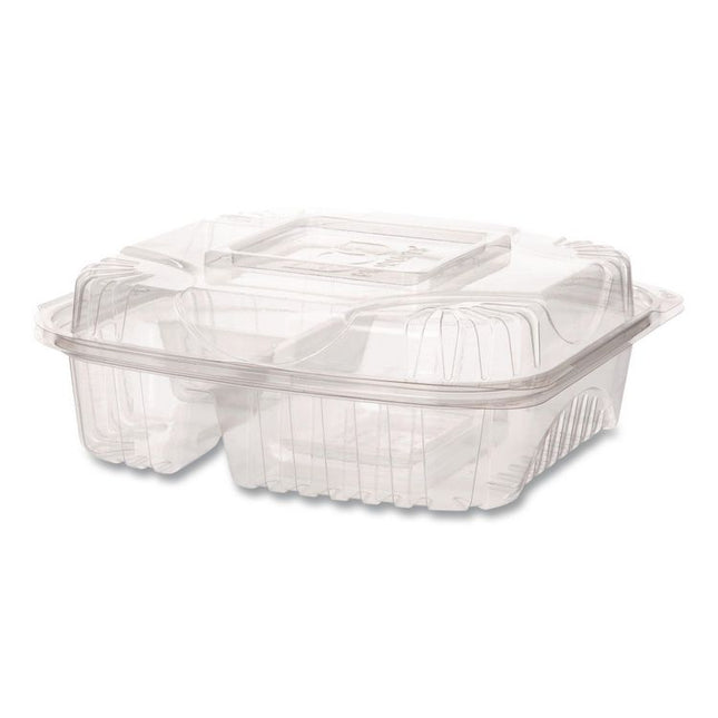 Renewable and Compostable Clear Clamshell Hinged Food Containers, 3 Compartments, 8 x 8 x 3, Plastic, 80/Pack, 2 Packs/Carton