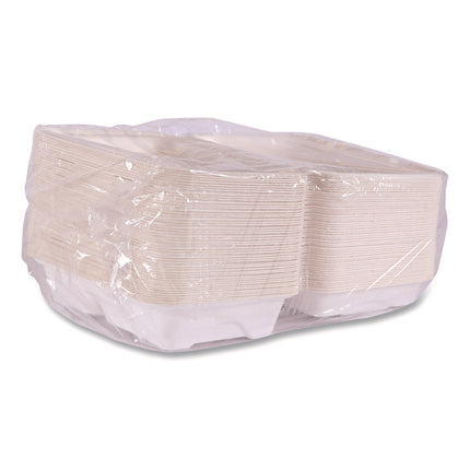 Vanguard Renewable and Compostable Sugarcane Clamshells, 3 Compartments, 9 x 6 x 3, White, 250/Carton