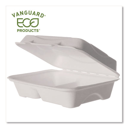 Vanguard Renewable and Compostable Sugarcane Clamshells, 3 Compartments, 9 x 6 x 3, White, 250/Carton