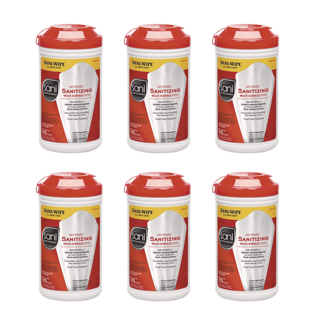 No-Rinse Sanitizing Multi-Surface Wipes, Unscented, White, 175/Container, 6/Carton