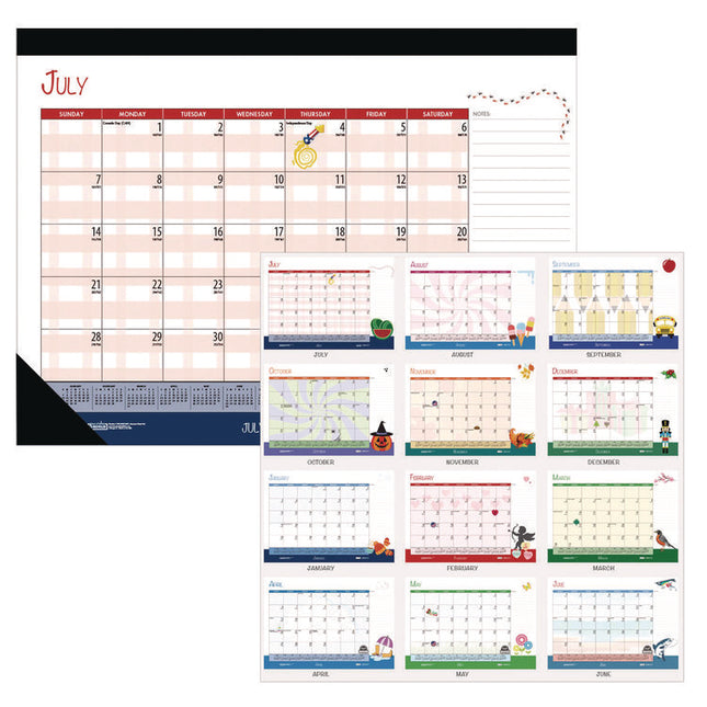 Academic Year Recycled Desk Pad Calendar, Illustrated Seasons Artwork, 22 x 17, Black Binding, 12-Month (July-June):2024-2025
