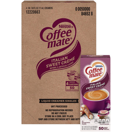 Liquid Coffee Creamer, Italian Sweet Cream, 0.38 oz Mini Cups, 50/Box, 4 Boxes/Carton