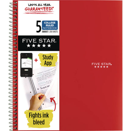 Wirebound Notebook, 5-Subject, Medium/College Rule, Randomly Assorted Cover Color, (200) 11 x 8.5 Sheets