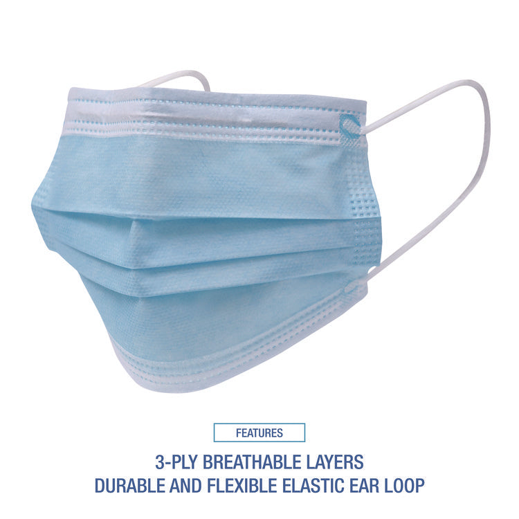Three-Ply General Use Face Mask, Blue, 50/box