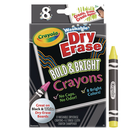 Washable Dry Erase Crayons w/E-Z Erase Cloth, Assorted Bright Colors, 8/Box