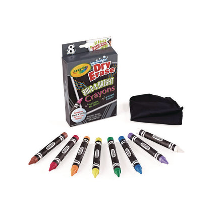 Washable Dry Erase Crayons w/E-Z Erase Cloth, Assorted Bright Colors, 8/Box