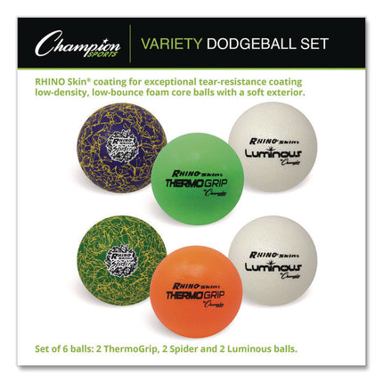 Rhino Skin Variety Dodgeball Set, 6.3" Diameter, Luminous/Spider/ThermoGrip, 6/Set