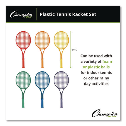 Plastic Tennis Racket Set, Six 21" Rackets, Assorted Colors