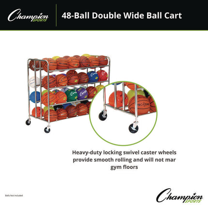 48 Ball Double Wide Ball Cart, Metal, 176 lb Capacity, 24 x 55.5 x 46.5, Chrome