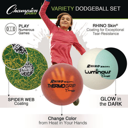 Rhino Skin Variety Dodgeball Set, 6.3" Diameter, Luminous/Spider/ThermoGrip, 6/Set