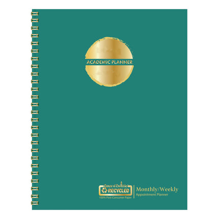 100% Recycled MonoBright Monthly/Weekly Planner, 11 x 8.5, Green/Gold Cover, 12-Month (July to June): 2024 to 2025