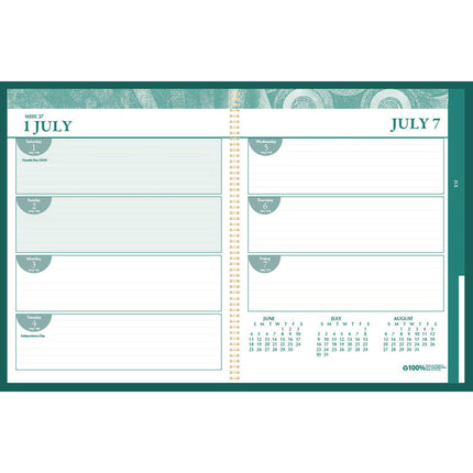 100% Recycled MonoBright Monthly/Weekly Planner, 11 x 8.5, Green/Gold Cover, 12-Month (July to June): 2024 to 2025
