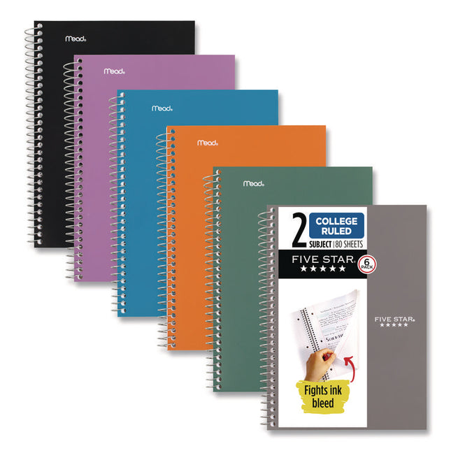 Wirebound Notebook, 2-Subject, Medium/College Rule, Assorted Cover Colors (Set 4), (80) 9.5 x 6.52 Sheets, 6/Pack