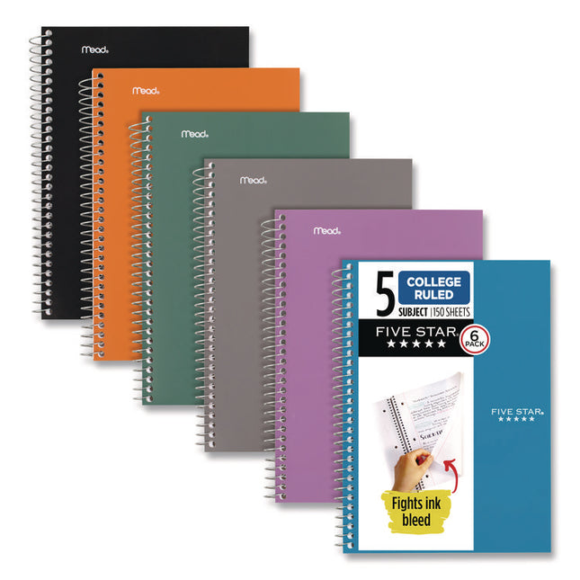 Wirebound Notebook, 5-Subject, Medium/College Rule, Assorted Cover Colors (Set 4), (150) 9.5 x 6.63 Sheets, 6/Pack