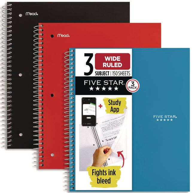 Wirebound Notebook, 3-Subject, Wide/Legal Rule, Assorted Cover Colors (Set 7), (150) 10.5 x 8.63 Sheets, 3/Pack