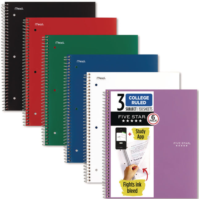 Wirebound Notebook, 3-Subject, Medium/College Rule, Assorted Cover Colors (Set 3), (150) 11 x 9.13 Sheets, 6/Pack