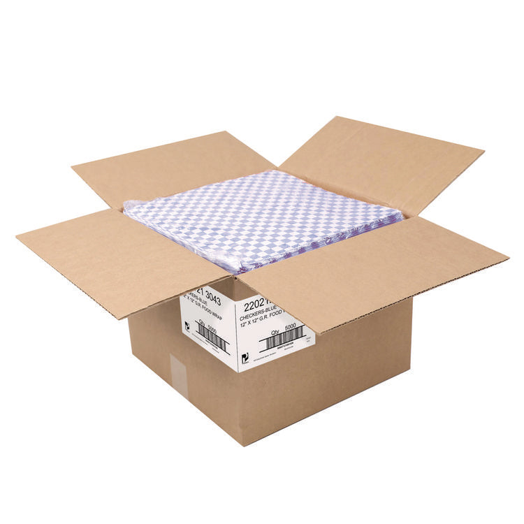 Grease-Resistant Food Wrap, 12 x 12, Blue Check, 5,000/Carton