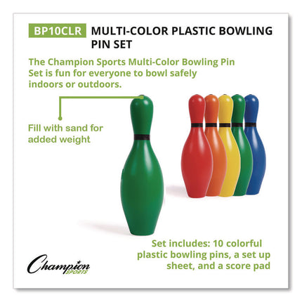 Plastic Bowling Pin Set, Assorted Colors, 10/Set
