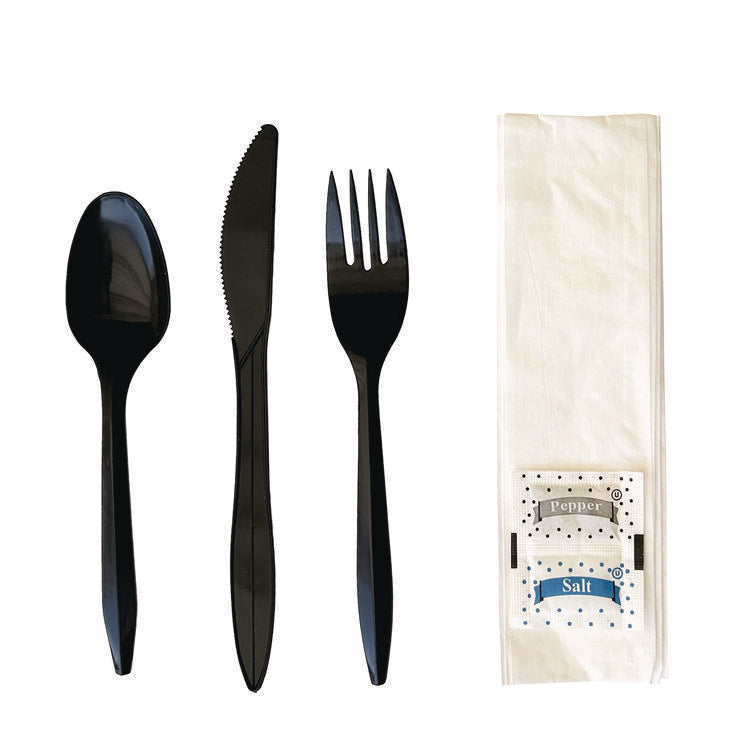 Six-Piece Cutlery Kit, Mediumweight, Fork/Knife/Napkin/Pepper/Salt/Spoon, 5.86", Plastic, Black, 250/Carton