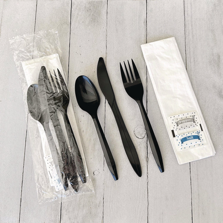 Six-Piece Cutlery Kit, Mediumweight, Fork/Knife/Napkin/Pepper/Salt/Spoon, 5.86", Plastic, Black, 250/Carton