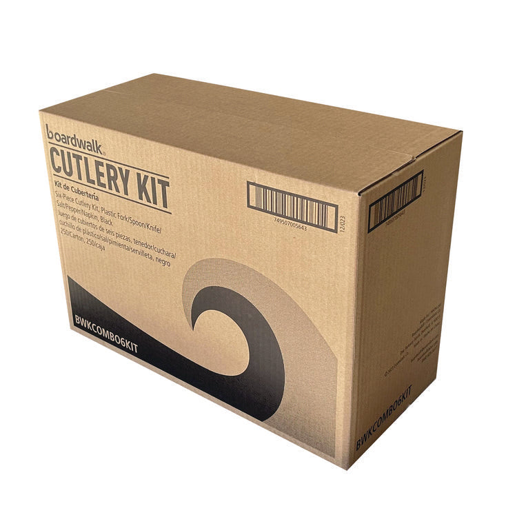 Six-Piece Cutlery Kit, Mediumweight, Fork/Knife/Napkin/Pepper/Salt/Spoon, 5.86", Plastic, Black, 250/Carton