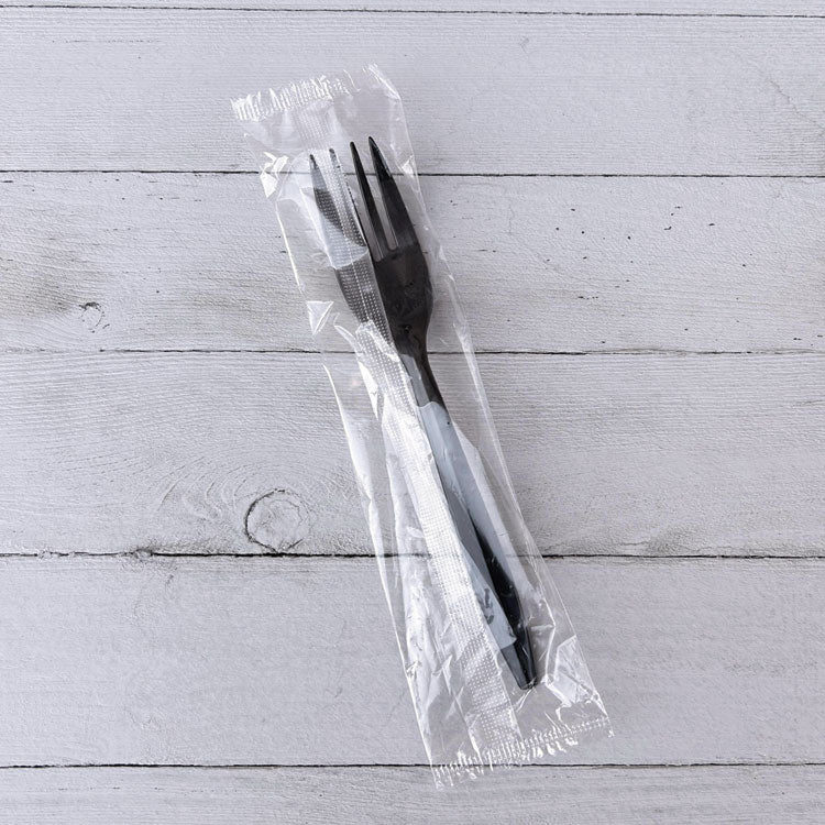Mediumweight Wrapped Polypropylene Cutlery, Fork, Plastic, Black, 1,000/Carton