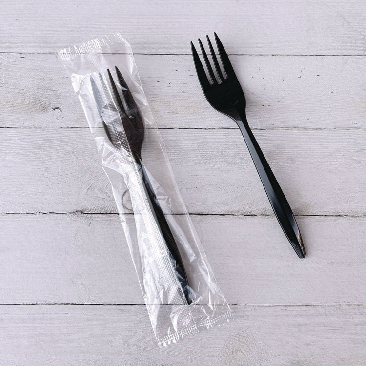 Mediumweight Wrapped Polypropylene Cutlery, Fork, Plastic, Black, 1,000/Carton