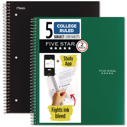 Wirebound Notebook, 5-Subject, Medium/College Rule, Assorted Cover Colors (Set 9), (200) 11 x 8.5 Sheets, 2/Pack