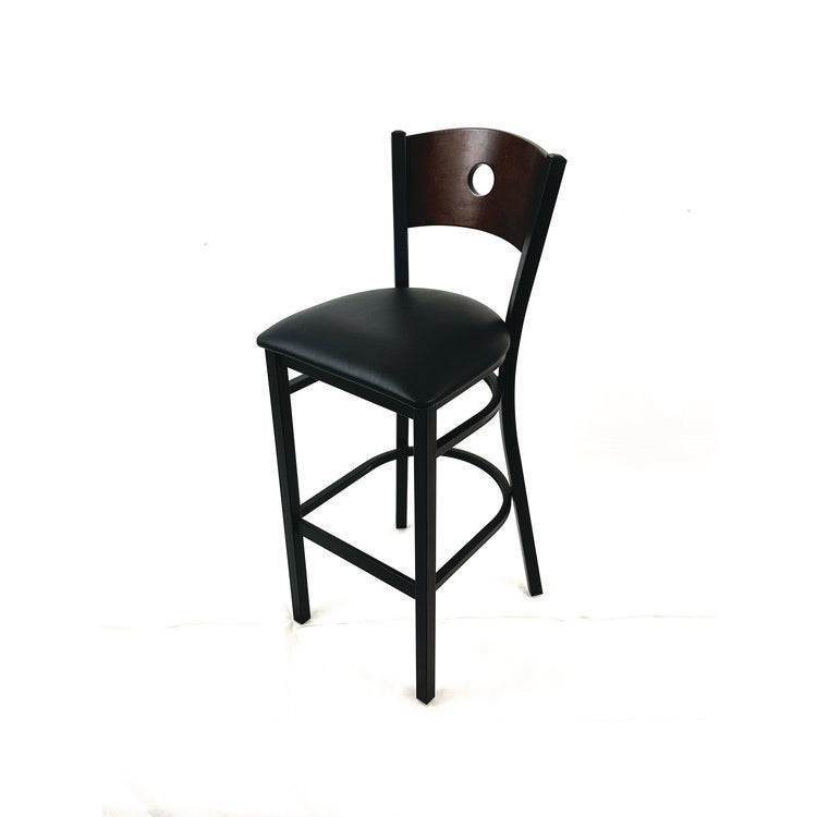 Circle Series Barstool, Supports Up to 300 lb, 28.5" Seat Height, Black Seat, Dark Walnut Back, Black Base