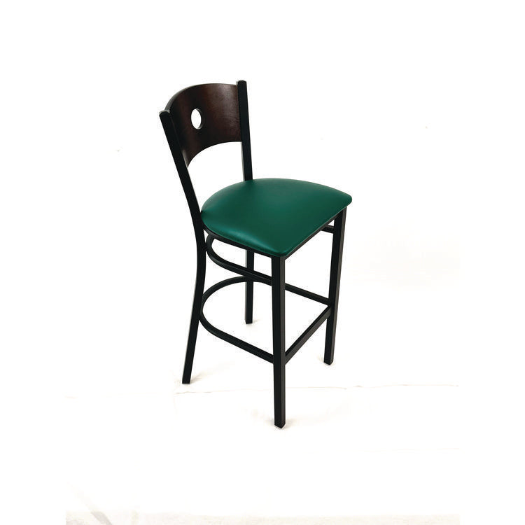 Circle Series Barstool, Supports Up to 300 lb, 28.5" Seat Height, Green Seat, Dark Walnut Back, Black Base