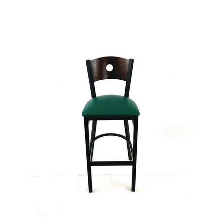 Circle Series Barstool, Supports Up to 300 lb, 28.5" Seat Height, Green Seat, Dark Walnut Back, Black Base