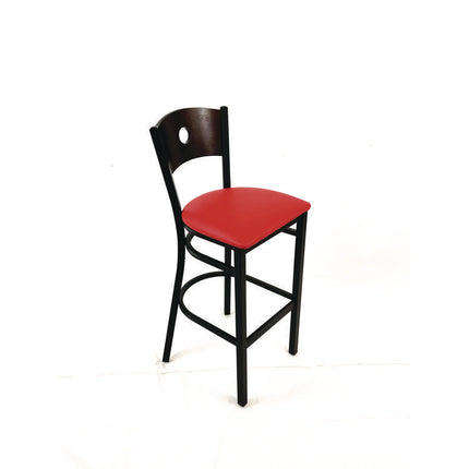 Circle Series Barstool, Supports Up to 300 lb, 28.5" Seat Height, Red Seat, Dark Walnut Back, Black Base