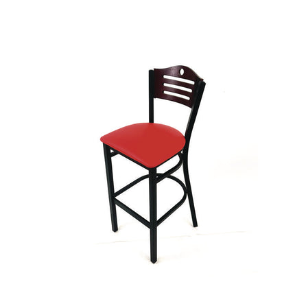 Eagle Series Barstool, Supports Up to 300 lb, 28.5" Seat Height, Red Seat, Dark Mahogany Back, Black Base