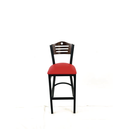 Eagle Series Barstool, Supports Up to 300 lb, 28.5" Seat Height, Red Seat, Dark Walnut Back, Black Base
