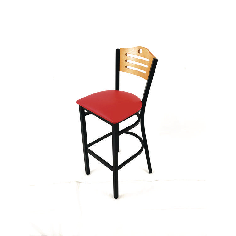 Eagle Series Barstool, Supports Up to 300 lb, 28.5" Seat Height, Red Seat, Natural Back, Black Base