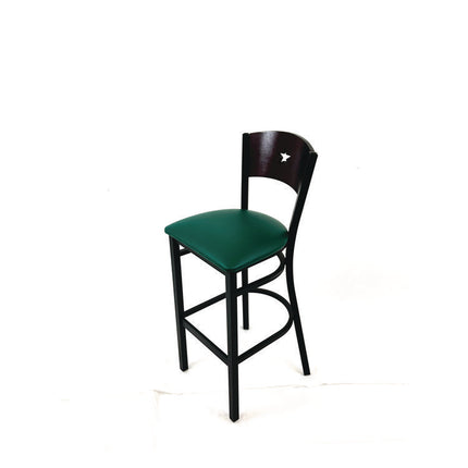 Liberty Series Barstool, Supports Up to 300 lb, 28.5" Seat Height, Green Seat, Dark Mahogany Back, Black Base