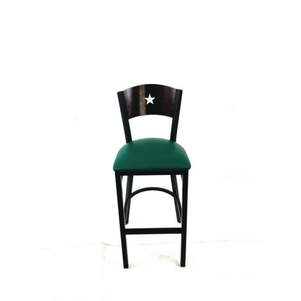 Liberty Series Barstool, Supports Up to 300 lb, 28.5" Seat Height, Green Seat, Dark Mahogany Back, Black Base